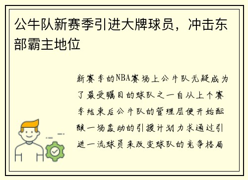 公牛队新赛季引进大牌球员，冲击东部霸主地位